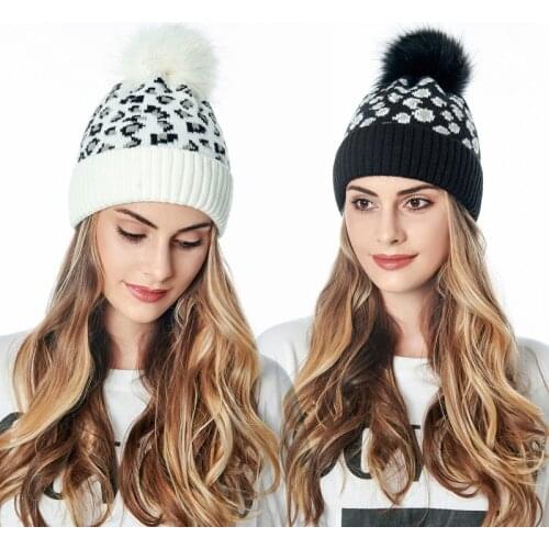 Women Winter Warm Knitted Beanie Hat Retro Leopard Fuffy Pompom Cuffed Skull Cap