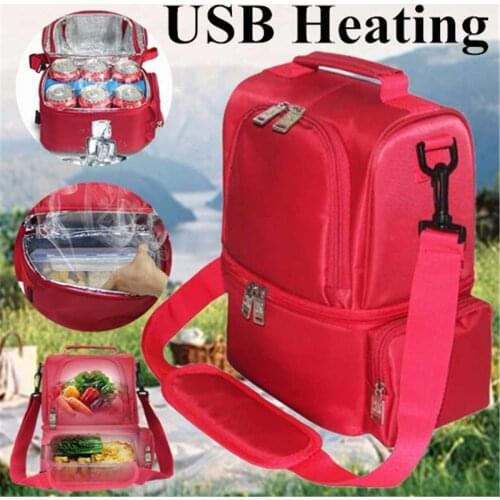 12L USB Portable Heating Insulated Lunch Bag Thermal Travel Cooler Bag School Camping Lunch Box Food Beverage Carrier Bag Red