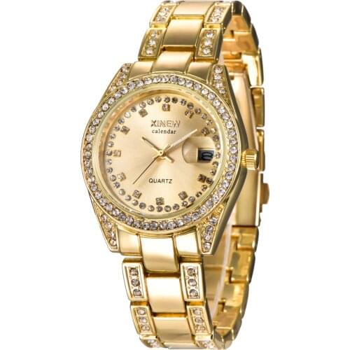 2018 Gold Watch Women Brand XINEW Luxury Rhineston Quartz Watch Lady Dress Wristwatch Date Calendar Relogio Feminino Marca Lujo