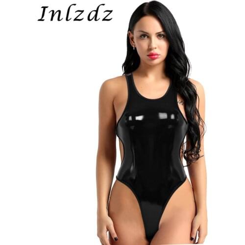 Womens Sexy Thong Bodysuit One-piece Wetlook PU Leather Sleeveless Backless High Cut Tank Sex Thong Leotard Bodysuit Nightwear