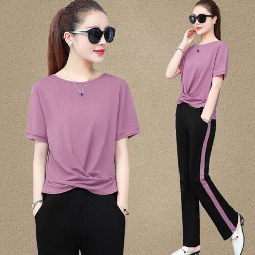 Summer Women Two Piece Set 2021 Korean New Cotton Short Sleeve T-shirts Casual Wide Leg Pants Set Ladies Fashion Sport Sets