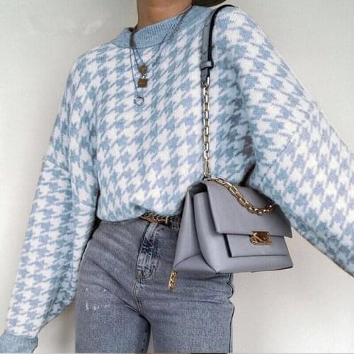 Womens Sweater 2021 Autumn Winter New Knitted Houndstooth Lady Pullover Girls Soft Casual Jumper Female Knitwear