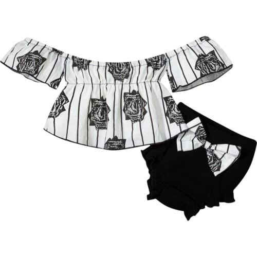 2021-02-26 Lioraitiin 0-18M Newborn Infant Baby Girl 2Pcs Clothing Off Shoulder Short Sleeve Striped Top Shirt Solid Shorts Set