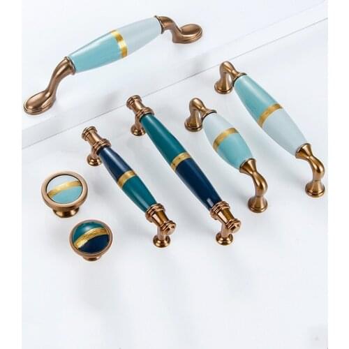 American wardrobe handle door light luxury golden European style handle kitchen cabinet drawer Blue ceramic furniture handle