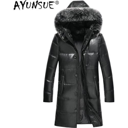 AYUNSUE Winter Genuine Leather Jacket Men Fox Fur Hooded Long Sheepskin Coat Mens Down Jackets 2020 HQ19-YXG1905B KJ3637