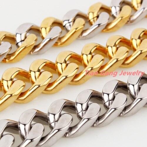 316L Stainless Steel Silver Color Gold Color Curb Cuban Link Chain Mens Necklace Or Bracelet Fashion Jewelry 7"-40" 15mm