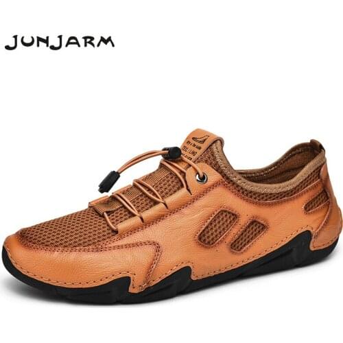 JUNJARM Split Leather Casual Shoes Handmade Breathable Men Sneakers Comfortable Male Boat Shoes Slip On Loafers Big Size 38-46