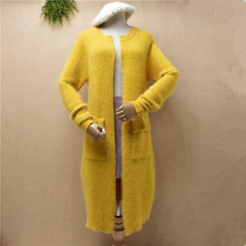 Ladies women fashion Fall Winter hairy angora rabbit hair knitwear long sleeves slim long cardigans jacket coat sweater pull