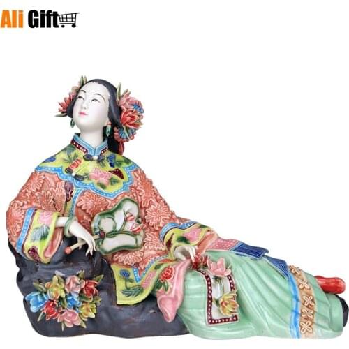 Classical Ladies Spring Craft Painted Art Figure Statue Ceramic Antique Chinese Porcelain Figurine Home Decorations