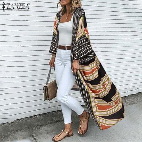 Summer Striped Printed Long Shirt ZANZEA Women Elegant Cardigan Kimono Casual Open Loose Party Blouse Female Ladies Tops Tunic