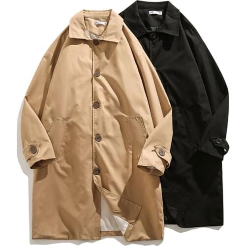 Vintage Khaki Black Medium Long Men Trench Long Sleeve Fashion Loose Ins Street Jackets BF Harajuku Coats Spring Autumn 2021