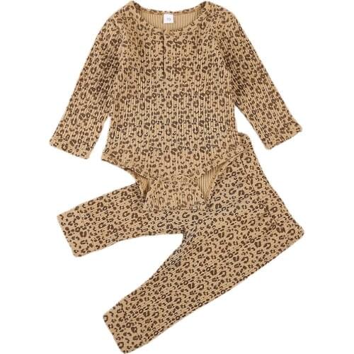 0-18M Newborn Baby Boys Girls Outfit Long Sleeve Leopard Romper and Pants 2pcs Clothes Set for Autumn