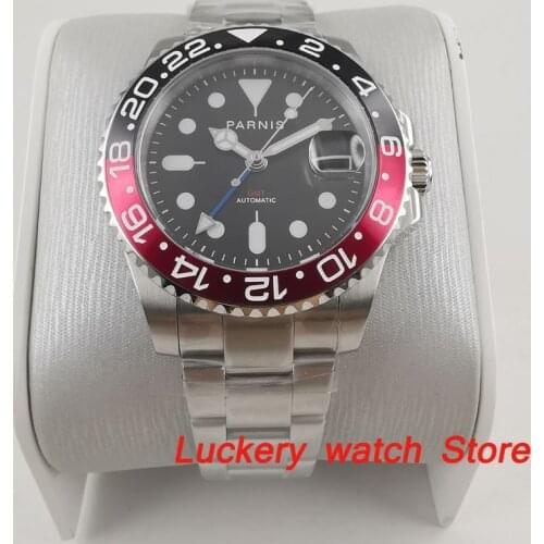 Parnis 40mm black dial blue GMT luminous marks Black and red Bezel sapphire glass automatic Mens Watch-PA91