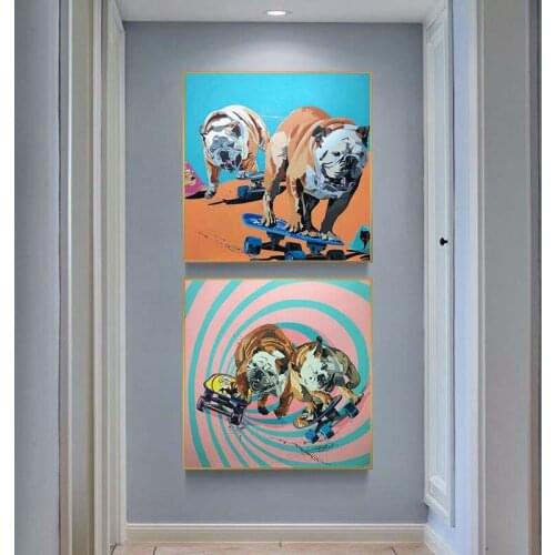 Family Shar Pei Dog Play Skateboard Poster And Prints Funny Cute Animal Fine Art Painting Canvas Glciee Picture For Living Room