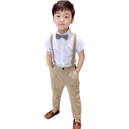 Boys School Uniform Kids Formal Strap Shirt +Pants Clothing Set Children Wedding Birthday Dress Girls Piano Performance Costume