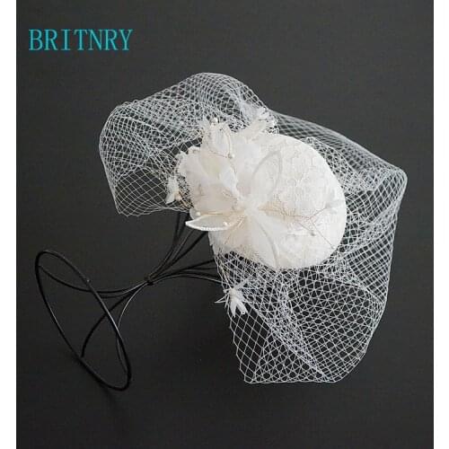 BRITNRY Ivory Wedding Hats Flower with Pearls Bridal Hat Wedding Evening Party Birdcage Veil Wedding Accessories For Hair