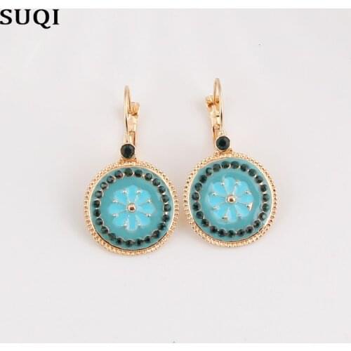 SUQI fashion Women Enamel clock Earrings Ladies Girls Korean Trendy crystal Eight Bead stone Earrings gold Pendant Gift