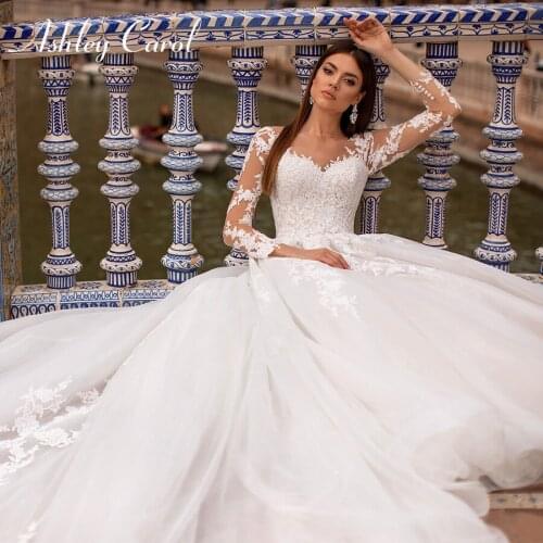 Ashley Carol Long Sleeve Wedding Dress 2021 Illusion Scoop Appliques Lace Up A-Line Bride Dresses Vestido De Noiva De Princesa