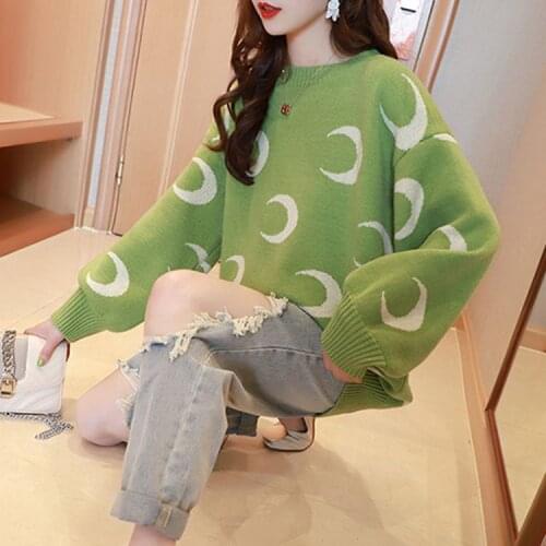 New Sweater Round Neck Moon Print Casual Loose Bat Sleeve Autumn Winter 2021 Wild Lazy Wind Sweaters Vestidos LXJ756