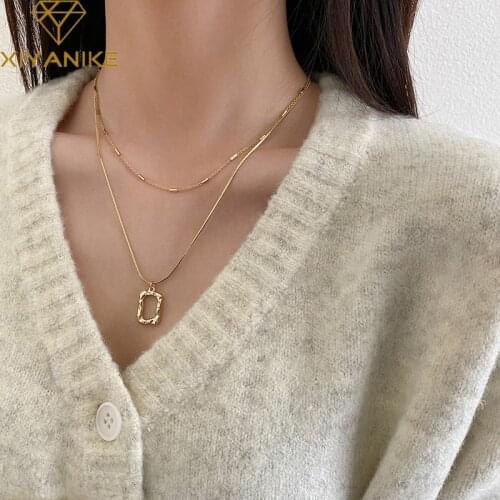 XIYANIKE 925 Sterling Silver Irregular Hollow Square Pendant Double Necklace Female Fashion Simple Clavicle Chain Light Luxury