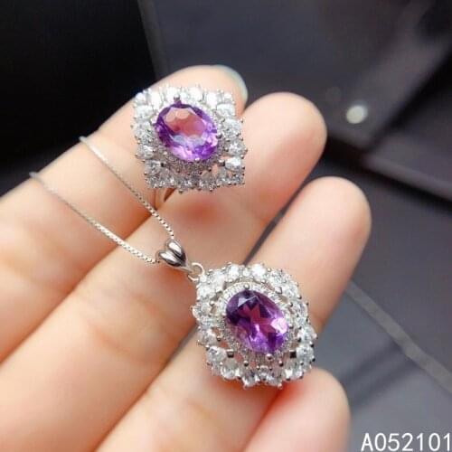 KJJEAXCMY Fine Jewelry 925 sterling silver inlaid natural Amethyst girl elegant necklace pendant ring set support test with box