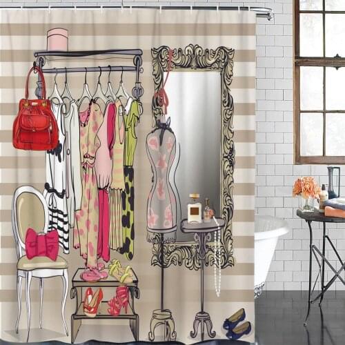 Clothes Mirror Chair Cosmetics Stripes Shower Curtain Frabic Waterproof Polyester Home Decoration Bathroom Curtains with Hooks