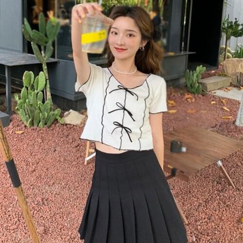 Women O Neck Bow Tshirt Summer Slim Knitted Short Sleeve Tee Shirt Female Short Top