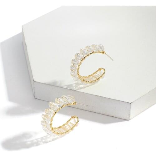 AENSOA New Design Crystal Beads Big Hoops Earrings Gold Color Twist Beaded Clear Rhinestone Circle Earrings for Women Huggie