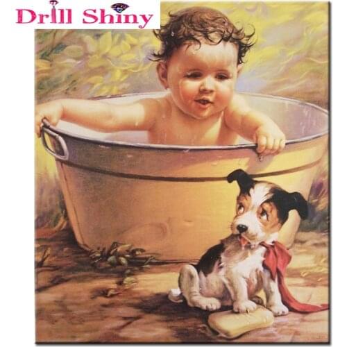 Wholesale DIY diamond painting needlework square full diamond embroidery children bathing and dog painting pattern home decor