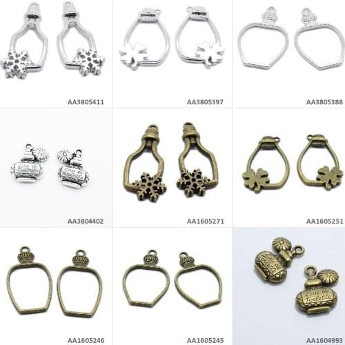 Antique Bronze Silver Plated Jewelry Making Charms Perfume Bottle Parfum Cabochon Frame Clover Lucky Luck Drifting Snowflake