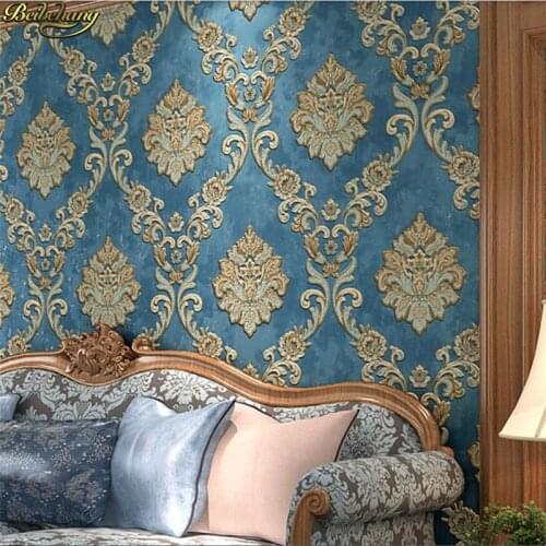 Beibehang Pressed three-dimensional blue restaurant bedroom Damascus European-style non-woven wallpaper papel de parede