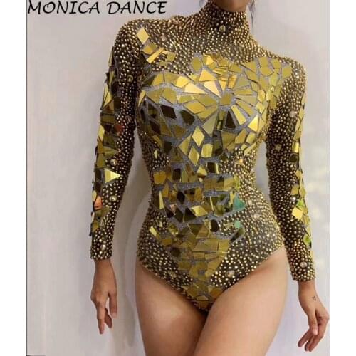 Sexy Stage Bright Gold Rhinestones Mirrors Bodysuit Womens Birthday Celebrate Outfit DS Bar Singer Dancer Show Stretch Bodysuit