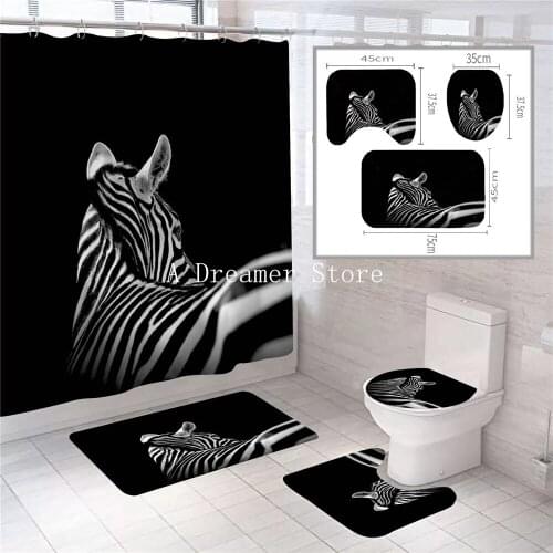 Design Zebra Animal Shower Curtain Set Black Decor Bathroom Toilet Mat Lid Rug Curtain Sets With12 Hooks 180x180cm