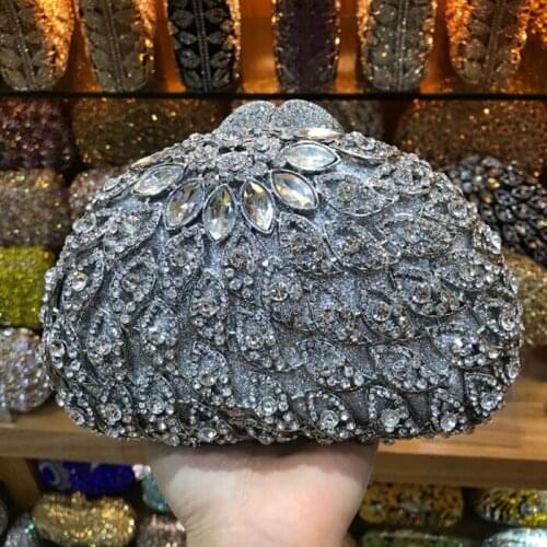 Long Gold Clutch bags Women Luxury crystal Prom handbags Ladies Evening Bag Rhinestones pochette Party Purse Day Clutches grey
