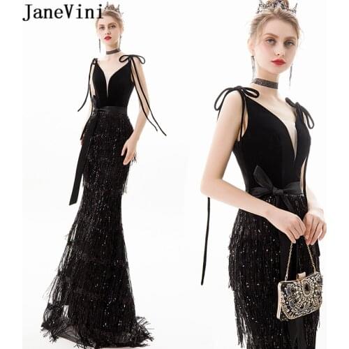 JaneVini 2019 Sexy Deep V Neck Mermaid Long Evening Dresses Sleeveless Tassel Sequined Women Sparkling Black Formal Party Gowns