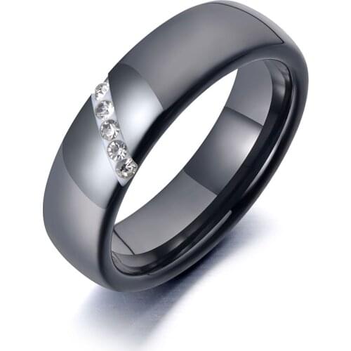 Trendy Black Ceramic Crystal Wedding Ring Jewelry For Women Stainless Steel Clay Rhinestone Engagement Ring R19069