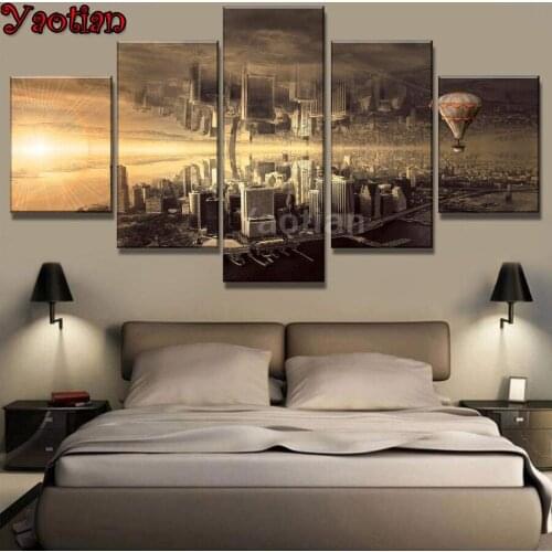 Full square round diamond painting Cityscape hot air balloon diamond embroidery sale 5d diy diamond mosaic stickers,5 pcs/set