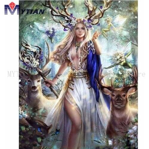 Lovely Goddess of the Forest,Deer, 5d Diamond Painting,Full Square Round Drill Diamond Embroidery Mosaic Wall Sticker Home Decor