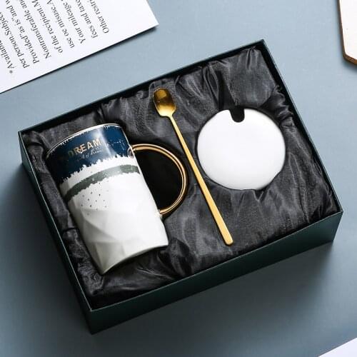 Ceramic Cup Creative Personality Trend Mug with Lid Spoon Simple Couple Drinking Cup Home Milk Cup Coffee Cup Gift