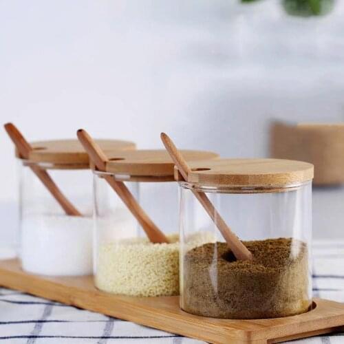 European Style Kitchen Glass Seasoning Jar Set Sugar Salt Seasoning Jar with Wooden Lid Spoon Seasoning Tool Seasoning Container