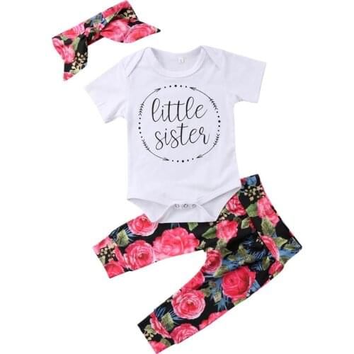 Infant Baby Girl Clothing Sets 2020 Summer Little Sister Romper+Rose Pants+ Headband 3 Pieces Newborn Baby Girls Clothes Outfit