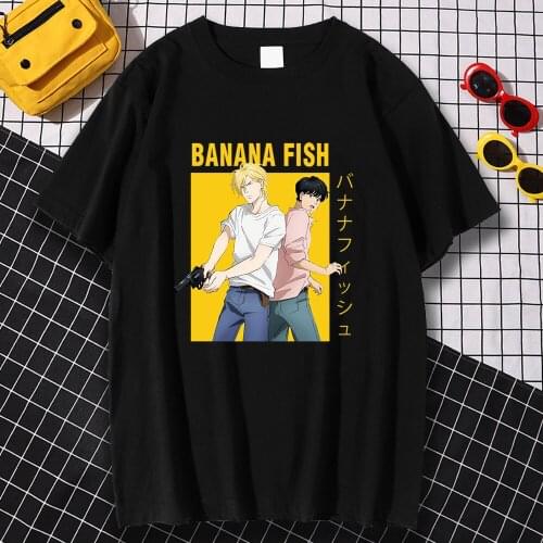 Banana Fish Cartoon Anime Printed T Shirts Men Crewneck Cute Clothing Cotton Casual T-Shirts Summer Loose Tops Mens Crewneck