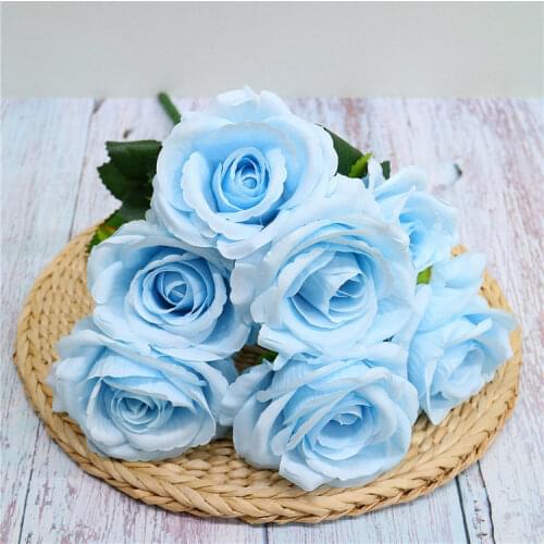 Cheap Beautiful Artificial Peony Roses Silk Flowers DIY 7 Heads Blue Fake Rose Wedding Bouquet Home Decoration Fall Decor