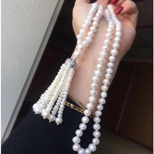 New style 7-9 mm south WHITE pearl necklace 35"