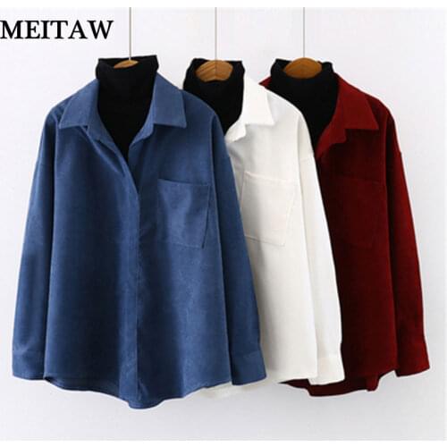 Autumn Chic Long Sleeve Office Shirt Women Solid Corduroy Shirt 2020 Single Pocket Loose Korean Tops Outerwear