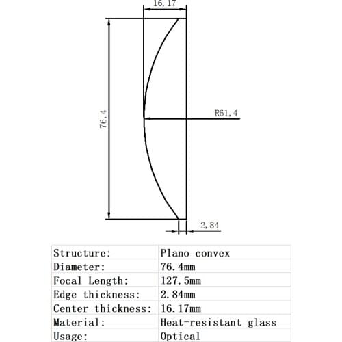 Plano Convex Lens Diameter 76.4mm Focal Length 127.5mm Heat-resistant glass Glass Lens Optical Glass Optical Lens
