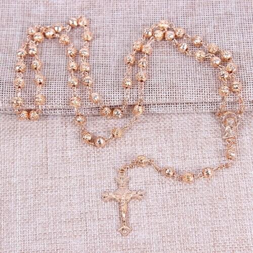 Retro Jesus Cross Rose Long Necklaces CCB Beads Pendant Rosary Necklace Stylish Christian Men Mala Jewelry