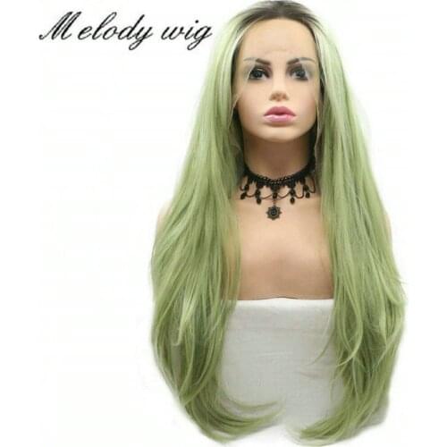 Melody Synthetic Lace Front Wigs Heat Resistant Dark Roots Ombre Pastel Green Long Natural Straight for Women Natural Looking