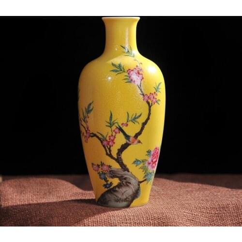 Antique Yellow Color Glazed Porcelain Handpainted Flowers Birds Vases Household Furnishing Articles Porcelain vase