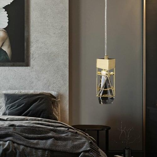 LED Bedroom Bedside Crystal Pendant Lights Postmodern Luxury Copper Suspension Luminaire Bar Creative Decora Simple Hanging Lamp